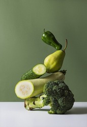 Set of healthy food, fruits and vegetables. Pepper, broccoli, cabbage, vegetable marrow, cucumber. Healthy eating, dieting. Vitamins. Concept of grocery, nutrition, taste, health. Colorful image