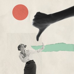Contemporary art collage. Conceptual image. Female hand showing gesture of dislike, thumb down. Sad woman. Concept of business, emotions, feedback, cancellation, disagreement