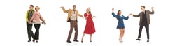 Collage. Group of stylish young people in retro clothes attending party, disco, dancing isolated over white background. Concept of hobby, leisure time, friendship, meeting, fun, relationship
