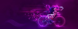 Creative artwork. Man, professional cyclist training, riding on purple background with polygonal and fluid neon elements. Concept of sport, activity, creativity, energy. Copy space for art, text