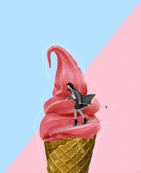 Food pop art photography. Contemporary art collage. Young woman skiing on delicious berry icecream. Surrealism. Winter holidays. Concept of creativity, degustation, retro style. Complementary colors.
