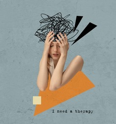 Modern lifestyle and mental health. Chaos in woman's head. Psychotherapy and person psychology concept. Social issues solution. Contemporary art collage. Minimalism and surrealism