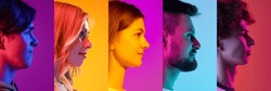 Collage of profile view faces of young men and women looking ahead over multicolored background in neon light. Concept of emotions, facial expression, fashion, beauty. Horizontal banner, flyer