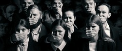 Fear, despair. Black and white portraits of young people with hands close their mouth and do not allow to speak. Human rights, freedom speech, censorship and social issues concept. Composite image