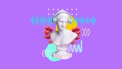 Music vibe. Antique statue bust in headphones against purple background with abstract elements. Dj. Contemporary art collage. Concept of creativity, inspiration, party, music, art and imagination. Ad
