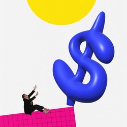 Dreams, opportunities and efforts. Contemporary art collage with young girl and 3D element of dollar sign. Concept of business, personal career, ad, sales, achievement. Colorful minimalism