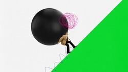 Young man carrying giant heavy ball uphill. Make informed decisions. Contemporary art collage with 3D elements. Concept of business, personal career, ad, sales, achievement. Colorful minimalism