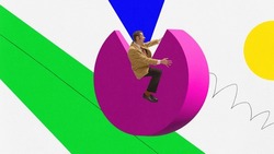 Contemporary art collage with astonished shocked mature man riding on huge 3D geometric element. Concept of business, personal career, ad, sales, achievement. Colorful minimalism