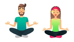 Man and woman meditate in lotus pose. Cartoon happy married couple practicing yoga lesson. Young vector people doing yoga asane. Mental health concept.