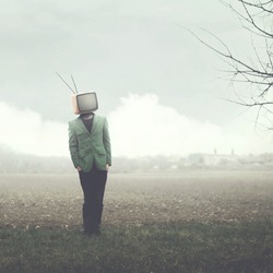 surreal man with television on his head, abstract concept