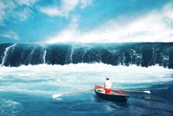 Man on a boat facing tsunami