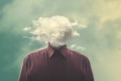 stressed man head in the cloud