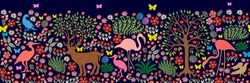 Seamless pattern for wall painting and frescos. Fantasy birds and animals in dark forest. Deeer, flamingos, herons, cranes, ducks, apple tree, blooming floral carpet.