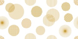 Golden circles. Wide panoramic seamless pattern with abstract geometric shapes. Different ornaments on white background. Composition for textile design, web design, cards.