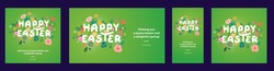 Happy easter greeting card. Easter spring hand drawn flowers background. Colorful Happy Easter greeting card with flowers and eggs. 