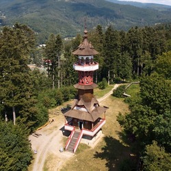 Jurkovičova lookout tower in the Beskydy Mountains. Photo of a landscape made of drone.