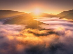 Mountains in low clouds at sunrise in summer. Aerial view of mountain peaks in fog. Beautiful landscape with rocks, forest, orange sun, colorful sky. Top view of mountain valley in clouds. Foggy hills