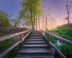 Wooden stairs in forest at sunset in spring. Plitvice Lakes, Croatia. Colorful landscape with path in blooming park, steps, green trees, water lilies, river, pink sky in summer. Trail in woods. Nature