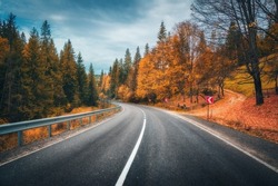 Road in autumn forest at sunset. Beautiful empty mountain roadway, trees with red foliage, overcast sky. Landscape with road through the woods in fall. Travel in europe. Road trip. Transportation