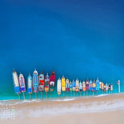 Beautiful boats. Aerial view of colorful boats in mediterranean sea in Oludeniz, Turkey. Summer seascape with ships,clear azure water and sandy beach in sunny day. Top view of yachts from flying drone