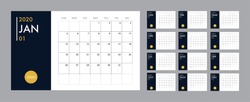Calendar template for 2020 year. Planner diary in a minimalist style. Corporate and business calendar. 2020 calendar in minimal table and blue and yellow color event planner, Week Starts Sunday