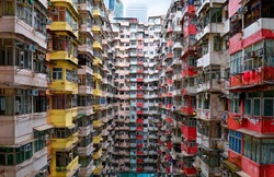 Overcrowded residential towers in a housing estate in Quarry Bay, Hong Kong. Crowded narrow apartments in a community in HK, an issue of high housing density and housing shortage due to overpopulation