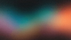 Dark grainy color gradient wave background, purple red yellow blue green colors banner poster cover abstract design, black copy space.
