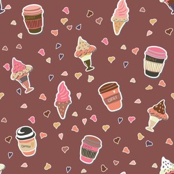 Seamless pattern of coffee cups and icecream stickers on brown background