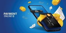 The credit card is on the smartphone and there are coins around it.Mobile payment concept without ATM or bank.
Cashback via mobile application or via credit card.
Paying bill using mobile phone bill.