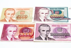 Banknote of the National Bank of Yugoslavia with the image of Nikola Tesla from the era of hyperinflation