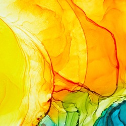 Alcohol ink air texture. Azure, blue, yellow, orange, green abstract background. Abstract translucent flow. Modern fluid art for wrapping, wallpaper