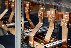 machined copper busbars in electrical power distribution cabinet for motor control centers