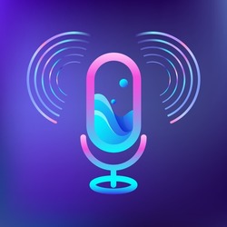Audio microphone for concept voice recording. Sound waves around icon of radio. Colorful symbol for vocal or music recognition. Logo design for studio or artificial intelligence. Vector illustration.