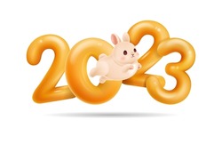 3D golden numbers of 2023 New Year with jumping rabbit. Shine gold decor for coming year calendar. Design element for decoration New year, holiday sale, xmas or celebration party. Vector