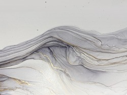 Abstract grey art with gold — marble background with beautiful smudges and stains made with alcohol ink and golden pigment. Black and white fluid texture resembles feather, watercolor or aquarelle.
