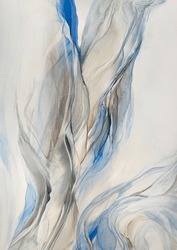 Abstract blue art with grey and pink copper — shiny marble background with beautiful smudges and stains made with alcohol ink. Blue with grey and beige fluid texture resembles watercolor or aquarelle.