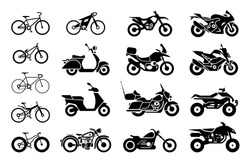 Collection of Motorcycles and bicycles icons. Moto vehicles symbols vector stock illustration.