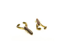 Two plastic crawfish lures in watermelon with red flake color for flipping and pitching bait bass fishing isolated on white background. Compact craw swims and flails to simulate crawdad or baitfish
