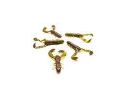 Group of plastic crawfish lures in watermelon with red flake color for flipping and pitching bait bass fishing isolated on white background. Compact craw swims and flails simulate crawdad baitfish