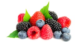 Close-up arrangement mixed, assorted berries including blackberries, strawberry, blueberry, raspberries and fresh leaf isolated on white. Colorful, healthy concept. Black, blue, red, green. Panorama