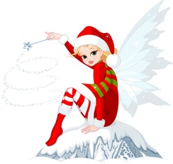 Beautiful Christmas fairy sitting on ice rock
