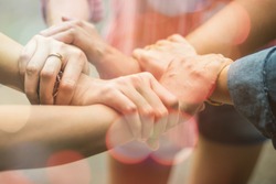 Double exposure group people hands were collaboration to trust in business success concept of teamwork partnership in company 