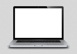Realistic perspective front laptop with keyboard isolated incline 90 degree. Computer notebook with empty screen template. Front view of mobile computer with keypad backdrop. Digital equipment cutout