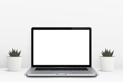 White workspace with laptop computer, office at home or studio. Education at home by PC. computer notebook mock up. Stylish workplace. Creative design space. realistic mock up vector illustration