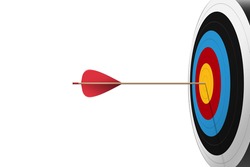 Red arrow hit to center of dartboard. Archery target and bullseye. Business success, investment goal, opportunity challenge, aim strategy, achievement focus concept. 3d realistic vector illustration
