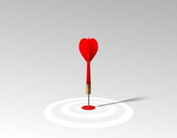 Red dart hit to center of dartboard. Arrow on bullseye in target. Business success, investment goal, marketing challenge, financial strategy, purpose achievement, focus ideas concept. 3d  vector