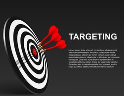 Three Red dart hit to center of dartboard. Arrow on bullseye in target. Business success, investment goal, marketing challenge, financial strategy, purpose achievement, focus ideas concept. 3d  vector