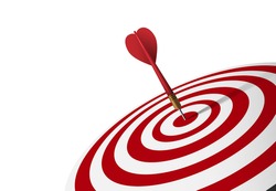 Red dart hit to center of dartboard. Arrow on bullseye in target. Business success, investment goal, opportunity challenge, aim strategy, achievement focus concept. 3d realistic vector illustration
