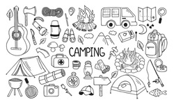 Set of camping and hiking elements in doodle style. Picnic, travel accessories and equipment. Hand drawn vector illustration isolated on white background.
