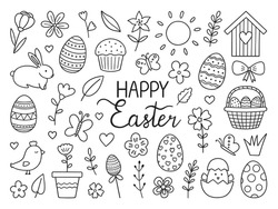 Happy Easter doodle set. Easter bunny, butterflies, chick, eggs, branches, flowers in sketch style.  Vector illustration isolated on white background.